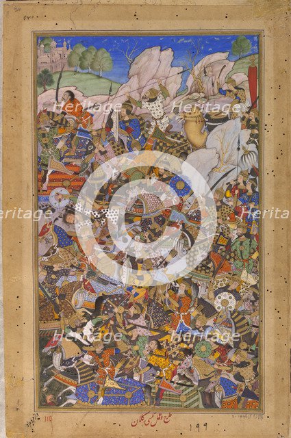 The Battle Preceding the Capture of the Fort at Bundi, Rajasthan, in 1577, 1592-1594. Artist: Tulsi Kalan (c. 1560-1600)