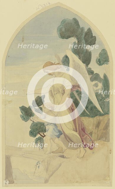 A guardian angel guides a child across a chasm, c1840. Creator: Jakob Jung.