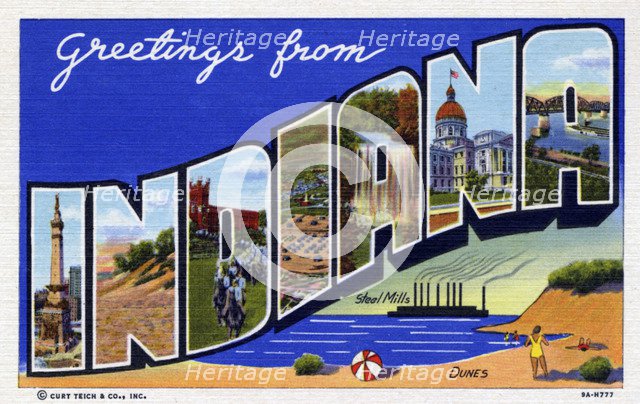 'Greetings from Indiana', postcard, 1939. Artist: Unknown