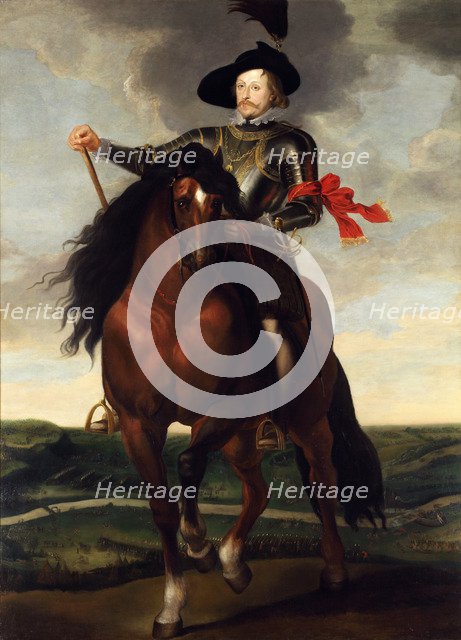 Equestrian portrait of Crown Prince Wladyslaw Vasa with the Battle of Khotyn in the background, ca 1 Artist: Rubens, Peter Paul, (School)  