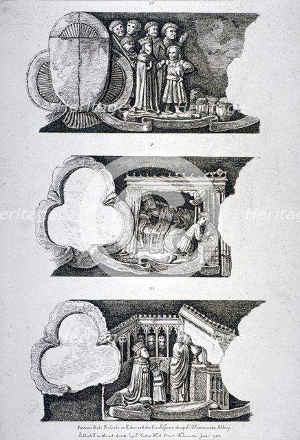Three bas-reliefs in Edward the Confessor's Chapel, Westminster Abbey, London, 1782. Artist: Anon