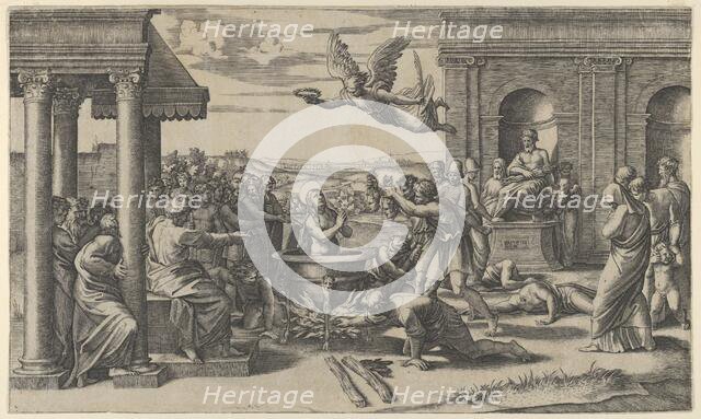 The Martyrdom of Saint Cecilia standing naked in a large cauldron, at left under..., ca. 1520-25. Creator: Marcantonio Raimondi.