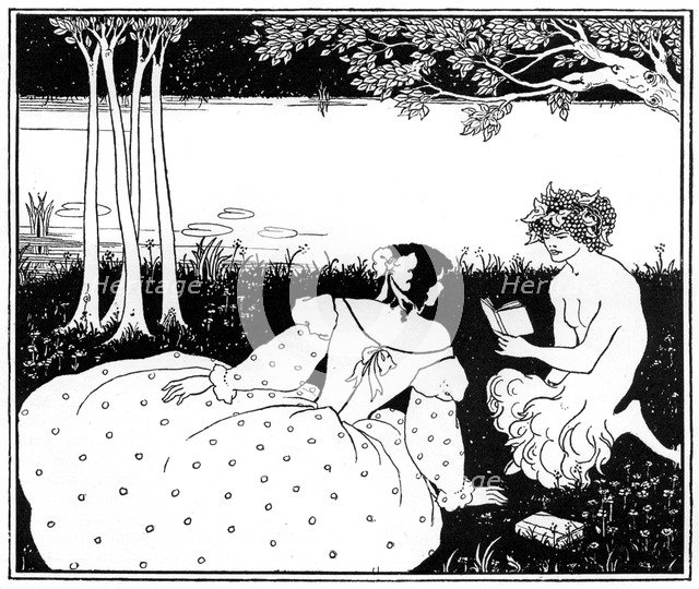 Pan reading to a woman by a brook, 1898.Artist: Aubrey Beardsley