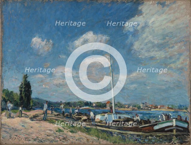 Unloading Barges at Billancourt, 1877. Creator: Sisley, Alfred (1839-1899).
