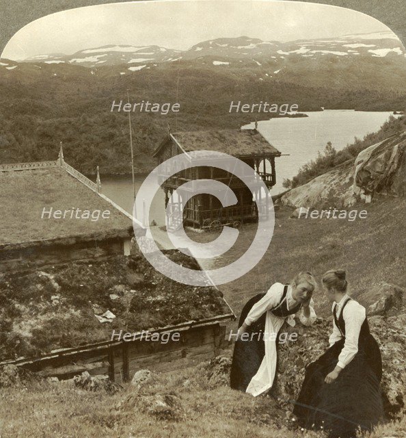 'Gossip at a wayside inn at Botten, overlooking the Voxli Lake - view toward Haukeli Mts., Norway',  Creator: Unknown.