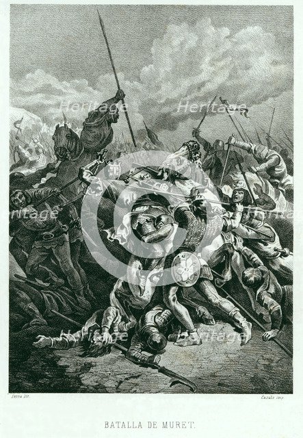 Battle of Muret, 1213, King D. Pedro II of Aragon died in battle, engraving.