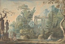 Arcadian Landscape with several Figures and a Statue of Apollo, 18th century. Creator: Gerard Melder.