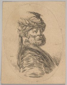 A Turkish man with a beard and turban with one long feather in front, turned three-quarter..., 1650. Creator: Stefano della Bella.