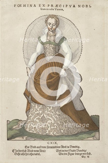 Foemina ex Praecipua Nobi' from Trachtenbuch von Nurnberg (Costume Book of Nuremberg), no CXIX, 1577 Creator: Jost Ammon.