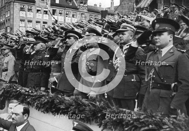 Foreign military attaches at the Nazi Party Congress, Nuremberg, Germany, 1936. Artist: Unknown