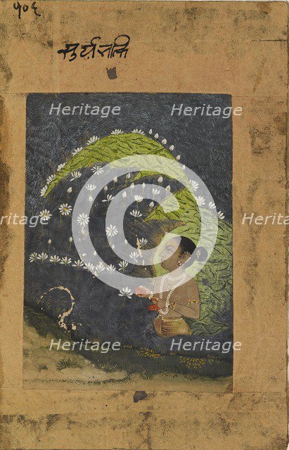 Lady in a lotus lake worshipping the sun, early 18th century. Artist: Unknown.