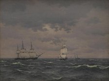 A Frigate Reefing Sails in a Freshening Wind and some other Ships, 1836. Creator: CW Eckersberg.