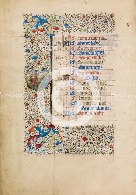 December Calendar Page; The Annunciation to the Shepherds; Book of Hours, about 1440-1450. Creator: Workshop of the Bedford Master.