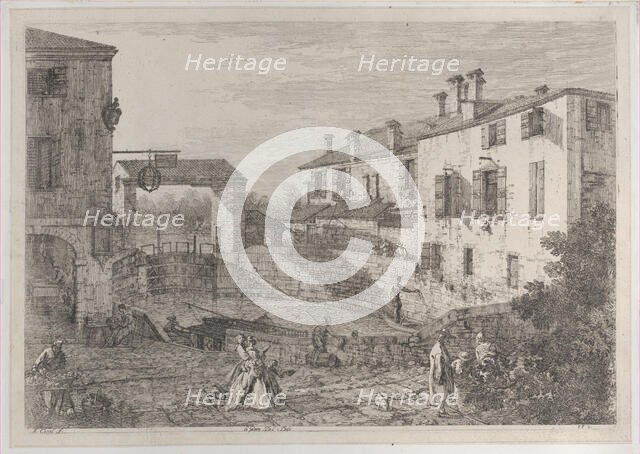 Le porte del Dolo: the oval basin of the locks at Dolo, with a barge moored to the quay..., 1735-46. Creator: Canaletto.