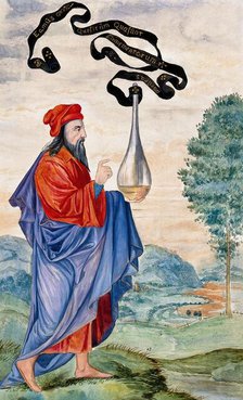 An alchemical adept carrying the vase of Hermes, which is inscribed "Let us..., 1900-1909. Creator: Edith Annie Ibbs.