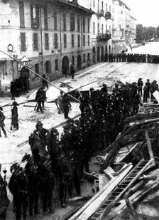 The Riots in Italy: Bersaglieri before a conquered barricade in Milan, 1898. Creator: Stefano Bencetti.