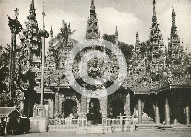 'Wood Carved Shrines with Glass Mosaic work at the Shwe Dagon Pagoda, Rangoon', 1900. Creator: Unknown.