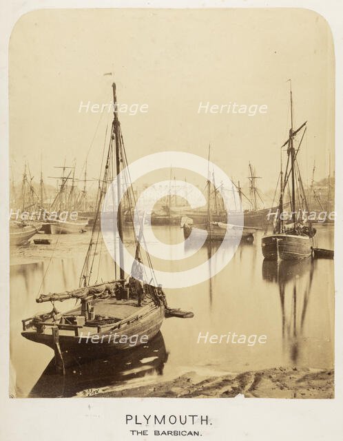 Fishing boats in the harbour at Plymouth, with the Barbican in the background, 1855-1860. Creator: WJ Cox.