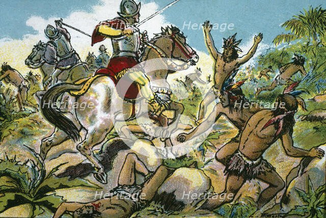 Discovery of America, slaughter of indigenous Anacaona by Spanish soldiers of...15th cent. Creator: Mestre, Albert.