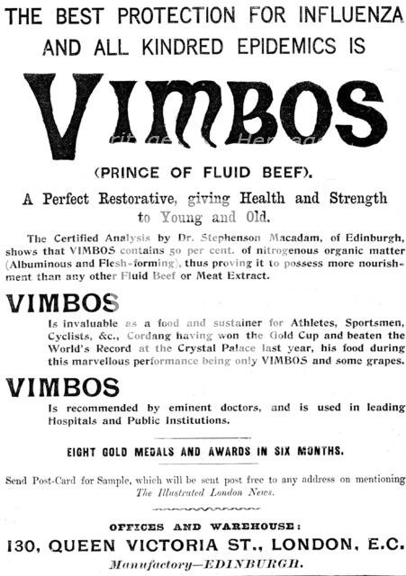 Advertisement for Vimbos (Prince of Fluid Beef), 1898. Creator: Unknown.