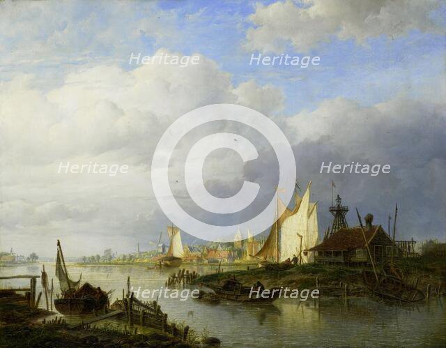 Boats on a River with a Beacon of Light, 1847. Creator: Hendrik Vettewinkel.
