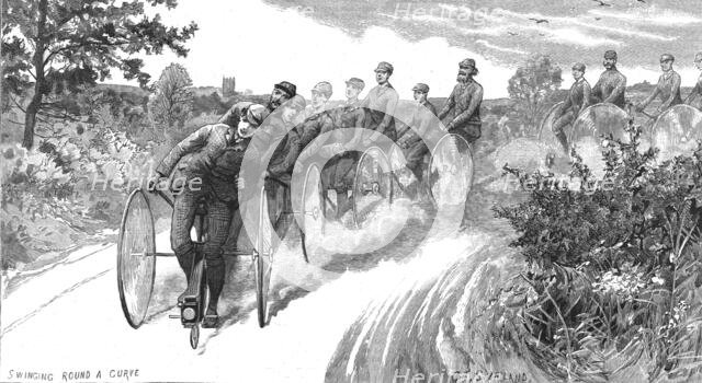 ''Blind Cyclist's on their way from London to Derby; (the steerer of each machine could see)', 1888. Creator: Unknown.