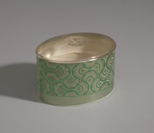 Green and gold makeup box from Mae's Millinery Shop, 1941-1994. Creator: Prince Matchabelli Inc.