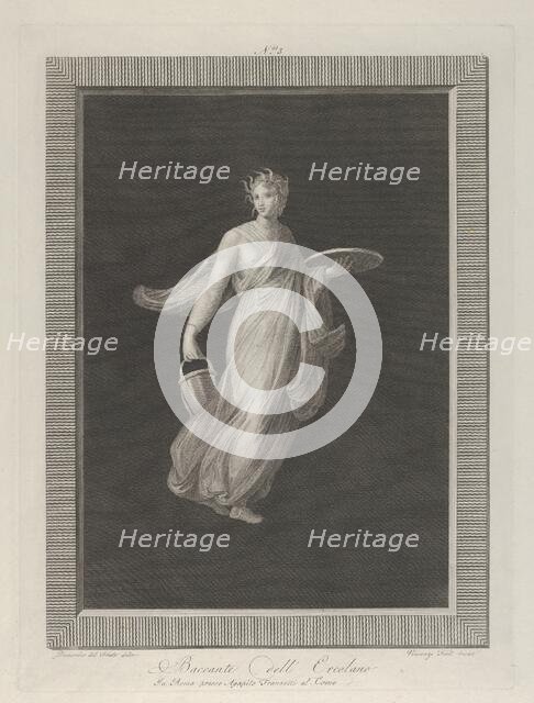 A partly naked bacchante holding a disk in her raised left hand and a bucket in h..., ca. 1795-1820. Creators: Vicenzo Feoli, Domenico del Frate.