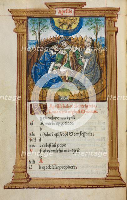 Printed Book of Hours (Use of Rome): fol. 5v, April calendar illustration, 1510. Creator: Guillaume Le Rouge (French, Paris, active 1493-1517).