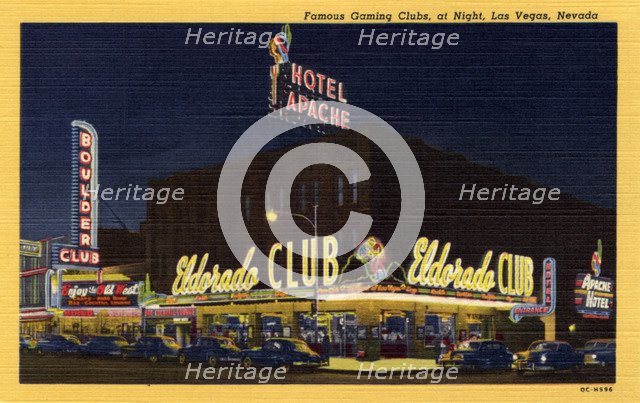 'Famous Gaming Clubs at Night, Las Vegas, Nevada', postcard, 1950. Artist: Unknown
