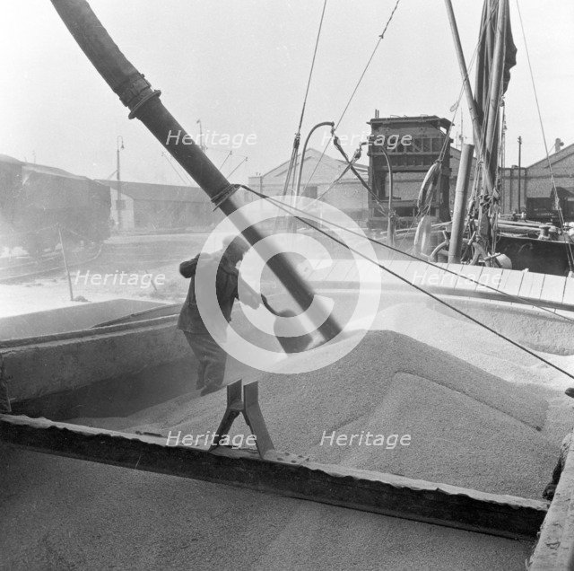 Pumping grain into barges, Millwall, London, 1953. Artist: Henry Grant