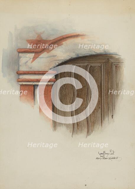 Restoration Drawing: Detail of Arch, Main Doorway, and Door, Mission-House, c. 1937. Creators: Geoffrey Holt, Harry Mann Waddell.