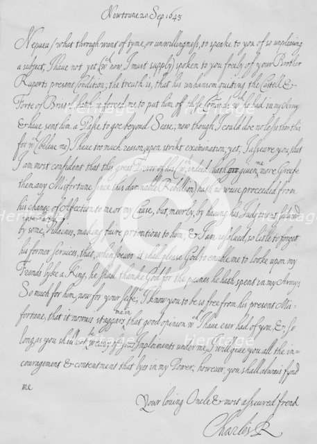  A letter from Charles I to his nephew Prince Maurice of the Palatinate dated September 1645. Artist: King Charles I.