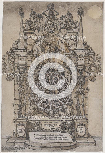 Triumph of Death with three fates in an architectural frame above a wheel of fortune flank..., 1588. Creator: Andrea Andreani.