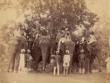 Four Elephants with Western Travellers and Attendants, Jaipur, India, 1860s-70s. Creator: Unknown.