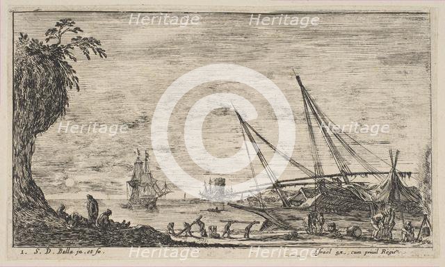 Plate 1: seaport with ships, from 'Seascapes' (Paysages maritimes), ca. 1644. Creator: Stefano della Bella.