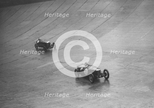 Riley 9 Brooklands and Salmson on the Mountain Circuit at a BARC meeting, Brooklands, Surrey, 1931 Artist: Bill Brunell.