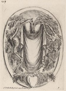 Cartouche in the Form of a Drape Suspended from a Cypress Flanked by Skeletons, 1647. Creator: Stefano della Bella.