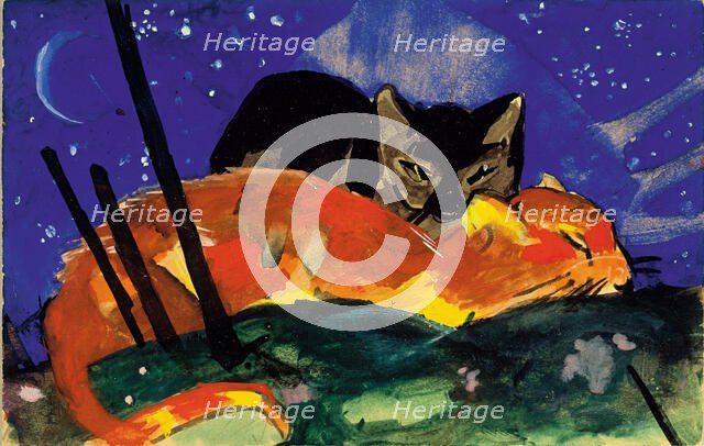 Two Cats. Postcard from Sindelsdorf to Lily Klee, 1913. Creator: Marc, Franz (1880-1916).