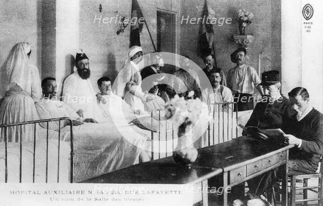 French wounded, auxiliary hospital, Paris, France, World War I, 1914-1918. Artist: Unknown