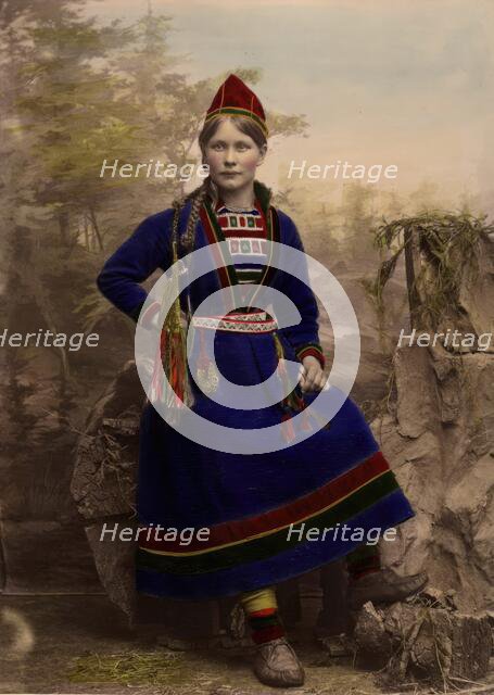 Woman wearing Sami costume - Inga Åren, Frostviken, Lapland, 1870-1898.  Creator: Helene Edlund.