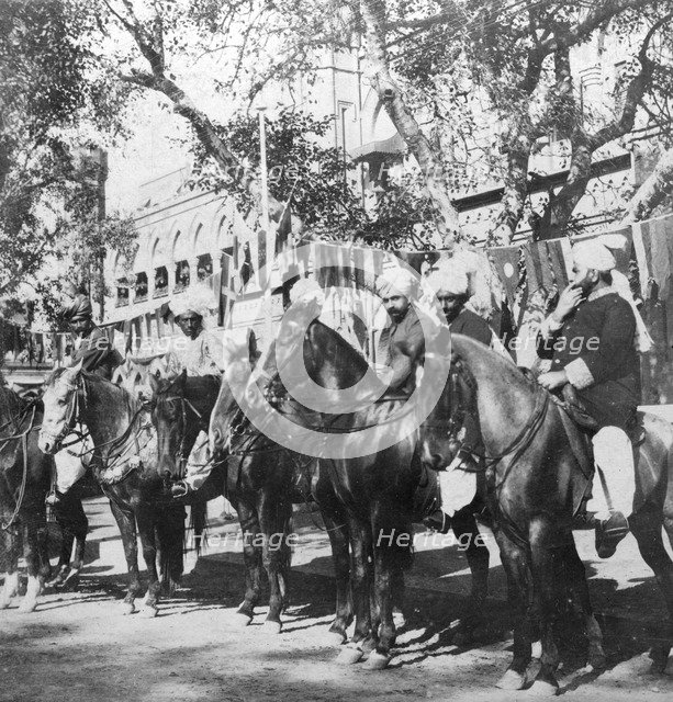 Punjabi horsemen outside the railway station at Delhi, India, 1900s.Artist: H Hands & Son