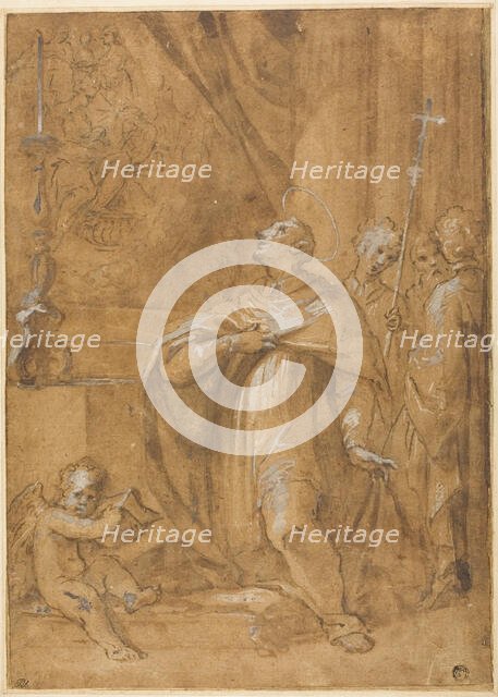 San Carlo Borromeo Adoring an Image of the Birth of the Virgin, 1684/87. Creator: Sigismondo Caula.