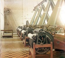 Cotton textile mill interior with machines producing cotton thread..., between 1905 and 1915. Creator: Sergey Mikhaylovich Prokudin-Gorsky.