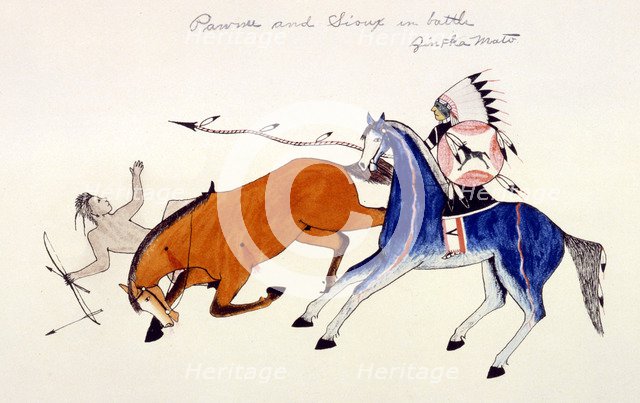 Unhorsing of a Pawnee warrior by Dakota Sioux warrior Zintka Mato (Dog Bear), c1889-1927.  Artist: Kills Two