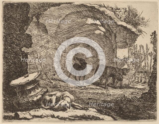 Four Dogs, One Sleeping beside a Capital, 1642. Creator: Jan Fyt.