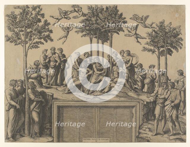 Apollo sitting on Parnassus surrounded by the muses and famous poets, ca. 1517-20., ca. 1517-20. Creator: Marcantonio Raimondi.