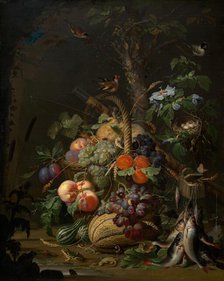 Still Life with Fruit, Fish, and a Nest, c. 1675. Creator: Abraham Mignon.