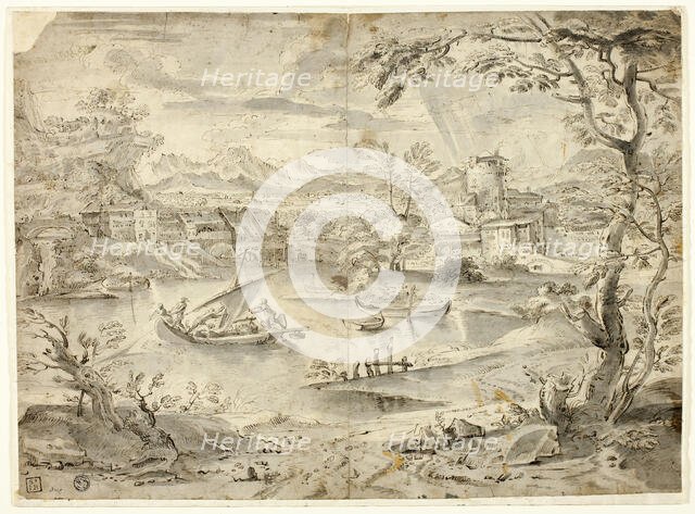 View of City with Fishing Boat in Foreground, n.d. Creator: Unknown.