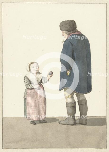 Girl with ball standing in front of a man, 1700-1800. Creator: W. Barthautz.